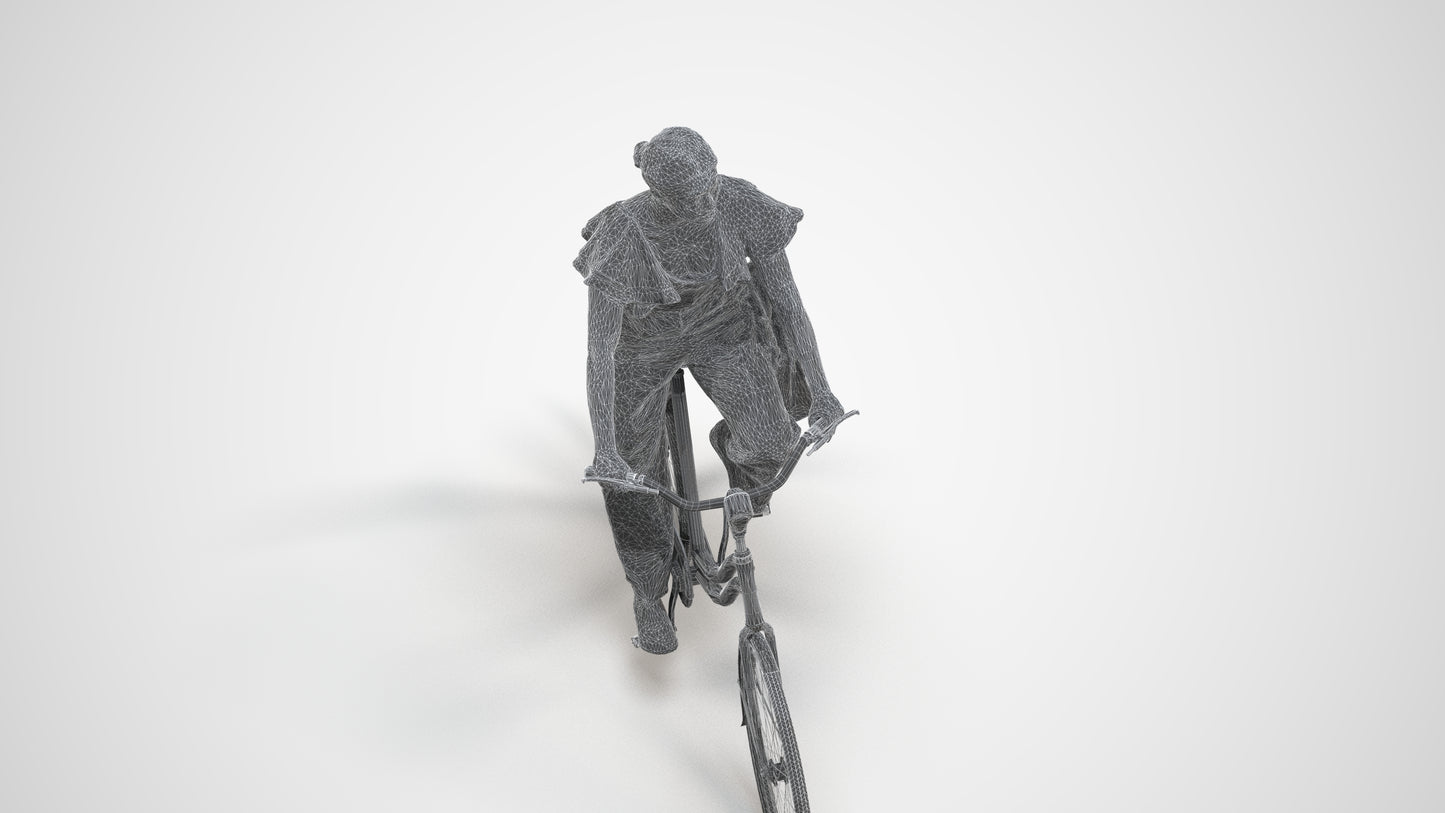 3D scanned woman cycling business, photorealistic archviz people for Enscape and SketchUp, wireframe three-quarter view