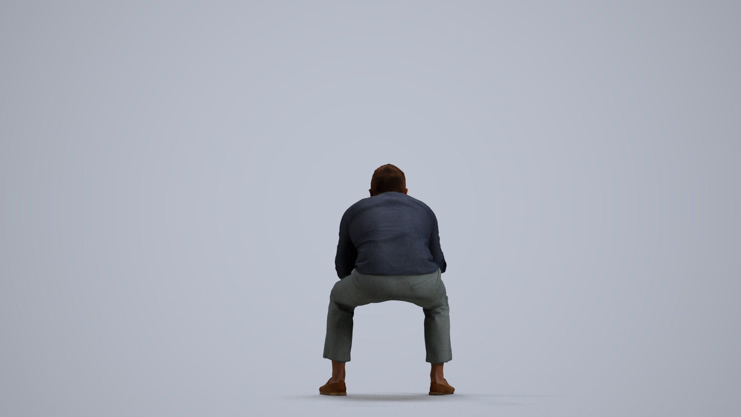 realistic 3D human man casual sitting, archviz people FBX OBJ for Blender, front view render