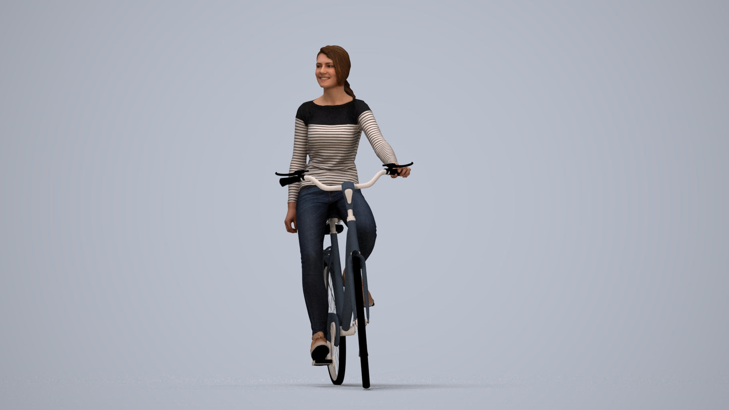 realistic 3D human woman casual cycling, archviz people FBX OBJ for Blender, top-down view render