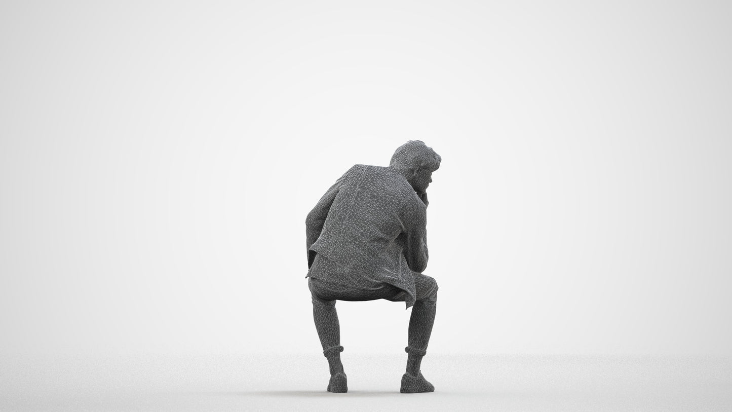 scanned 3D man casual sitting, photogrammetry people for Enscape and V-Ray, wireframe side view