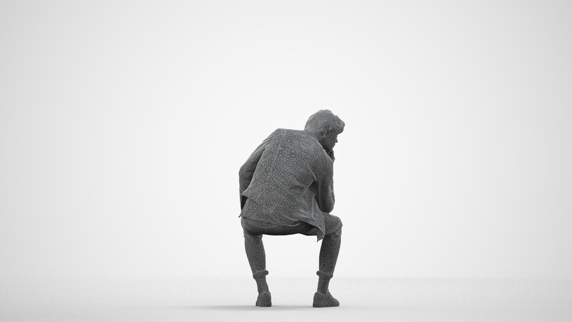 scanned 3D man casual sitting, photogrammetry people for Enscape and V-Ray, wireframe side view