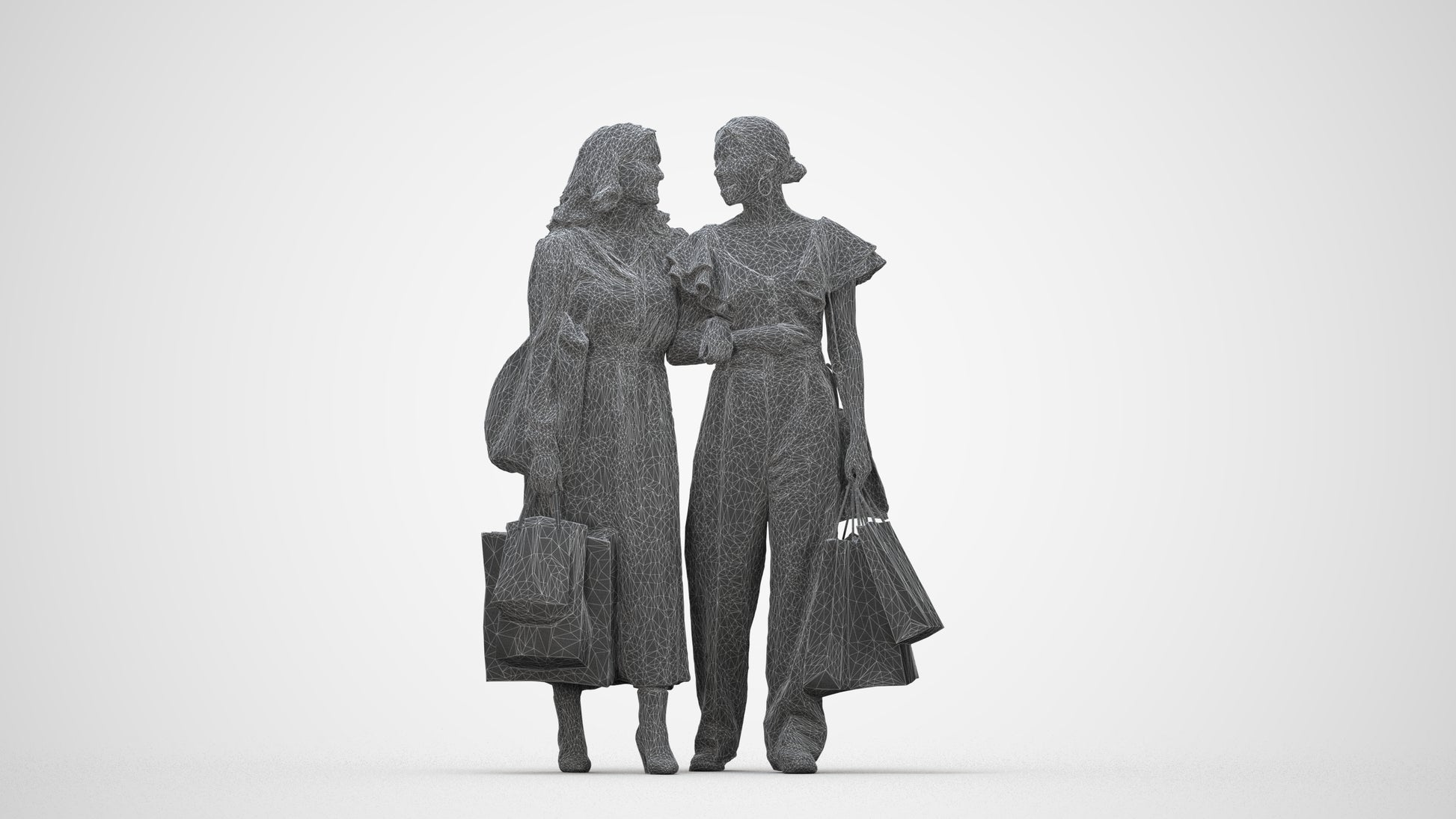 realistic 3D human woman shopping, archviz people FBX OBJ for Blender, wireframe back view