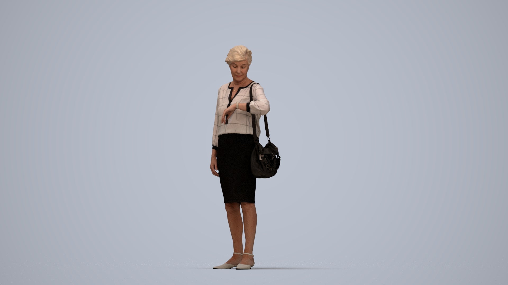 3D scanned senior woman standing business, photorealistic archviz people for Enscape and SketchUp, top-down view render