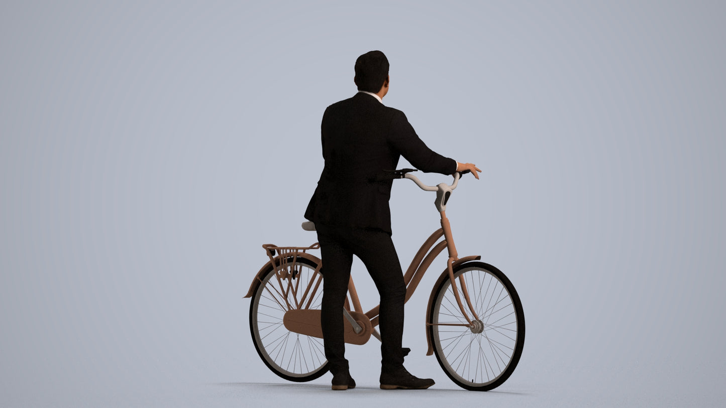 photogrammetry 3D man business cycling, realistic human model archviz FBX, front view render