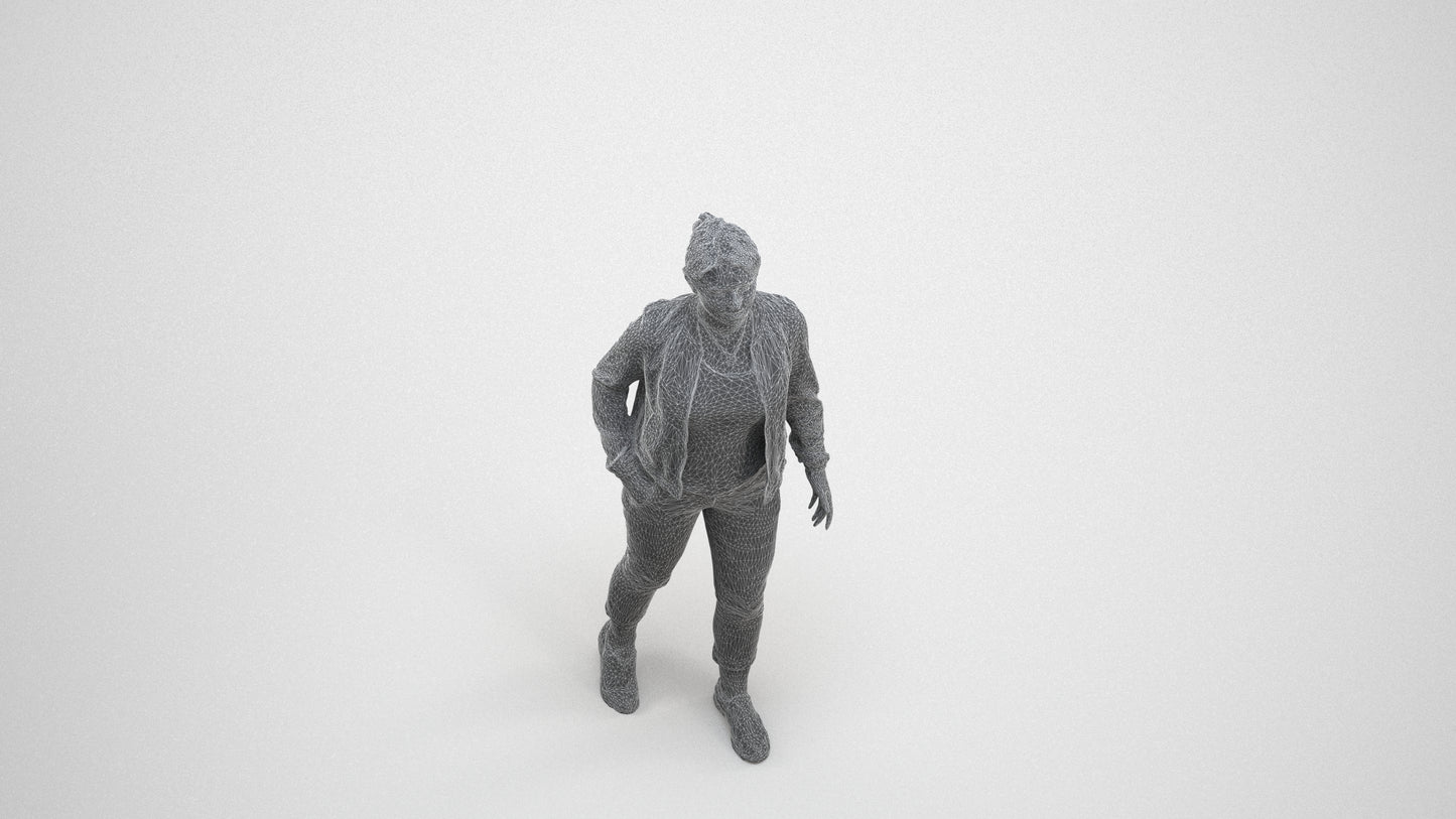 3D human model woman casual walking, photogrammetry scanned person for archviz, wireframe three-quarter view