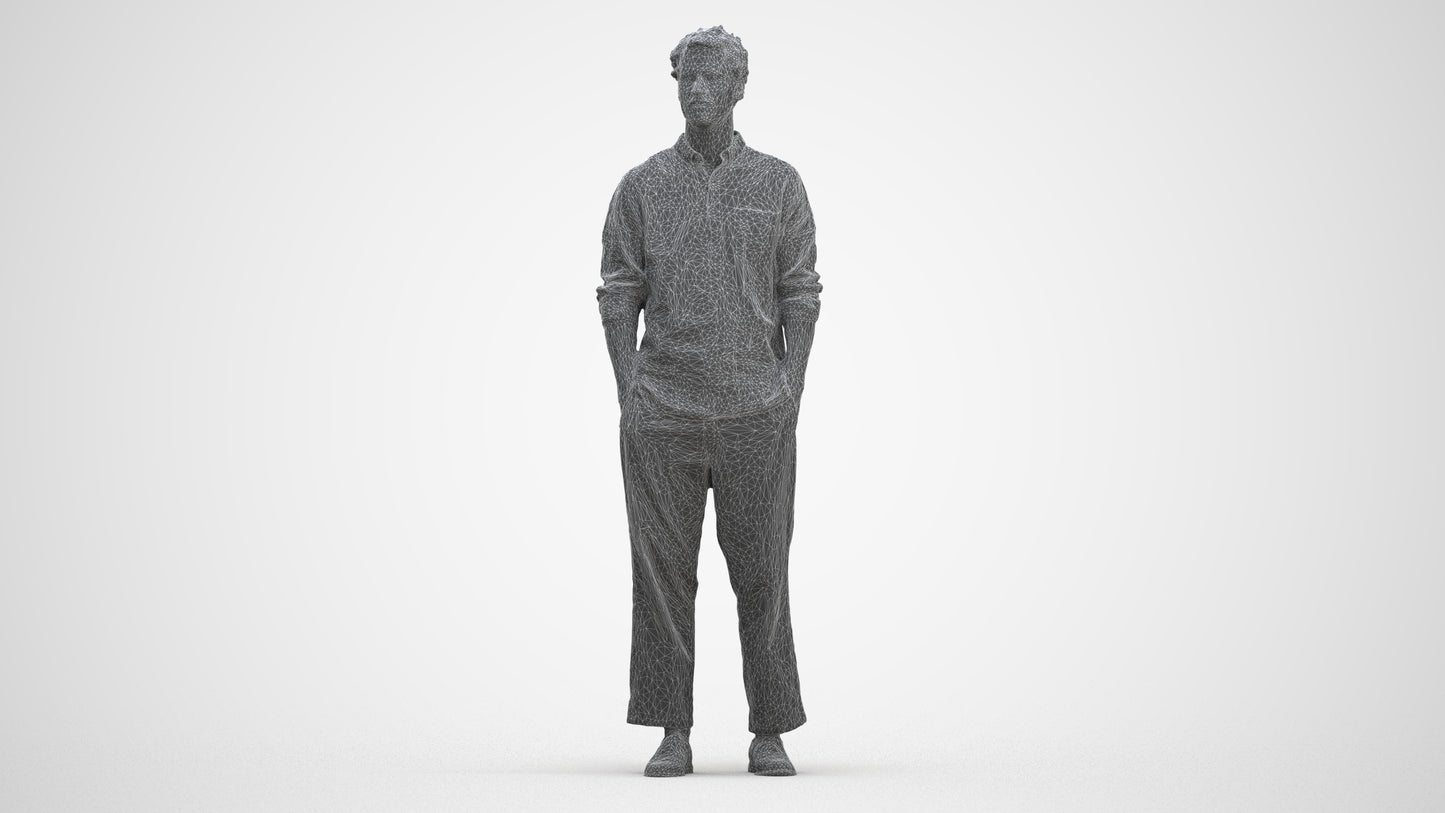 3D human model man casual standing, photogrammetry scanned person for archviz, three-quarter front view render