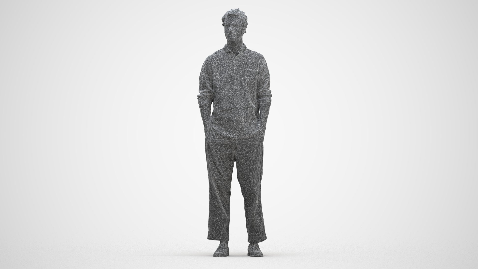 3D human model man casual standing, photogrammetry scanned person for archviz, three-quarter front view render