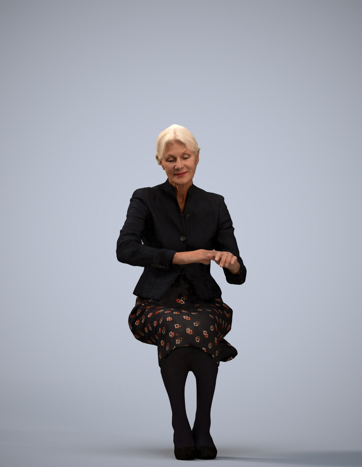 scanned 3D senior woman formal sitting, photogrammetry people for Enscape and V-Ray