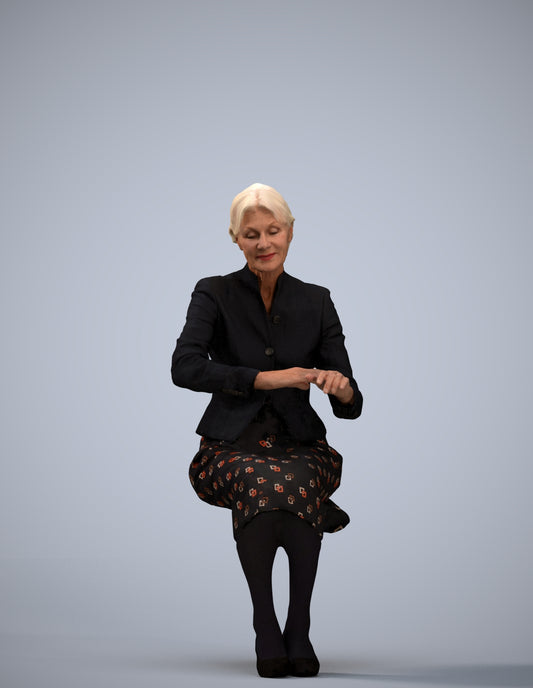 scanned 3D senior woman formal sitting, photogrammetry people for Enscape and V-Ray