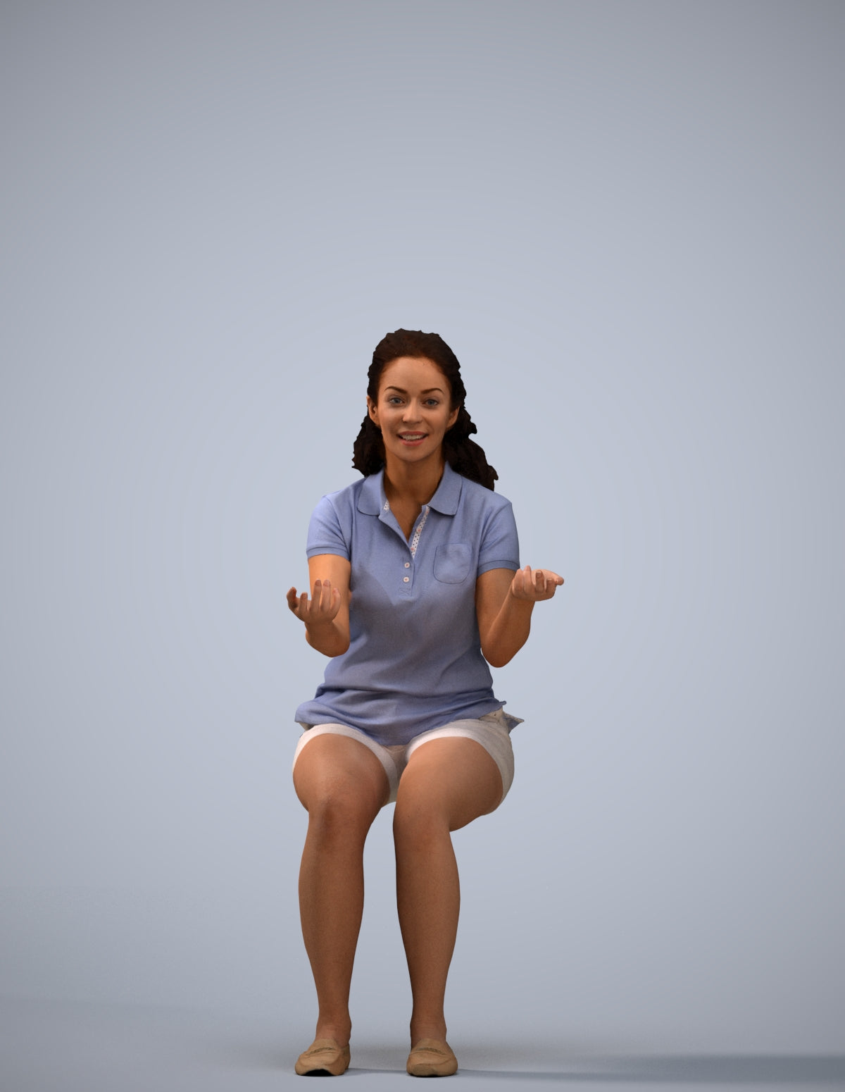 3D human model woman casual sitting, photogrammetry scanned person for archviz