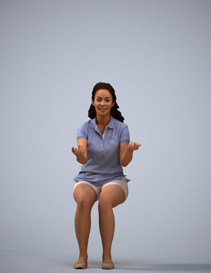 3D human model woman casual sitting, photogrammetry scanned person for archviz