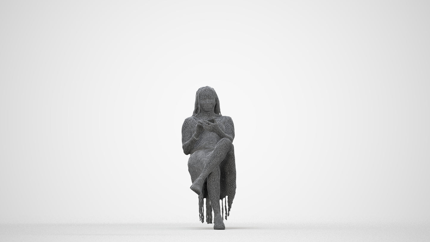 realistic 3D human woman casual sitting, archviz people FBX OBJ for Blender, wireframe back view