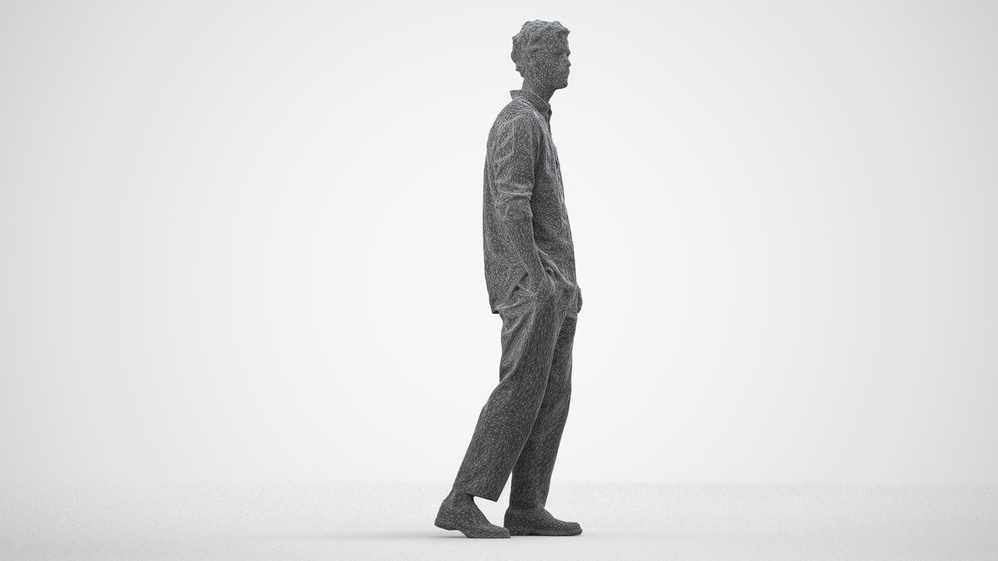 3D human model man casual walking, photogrammetry scanned person for archviz, wireframe front view