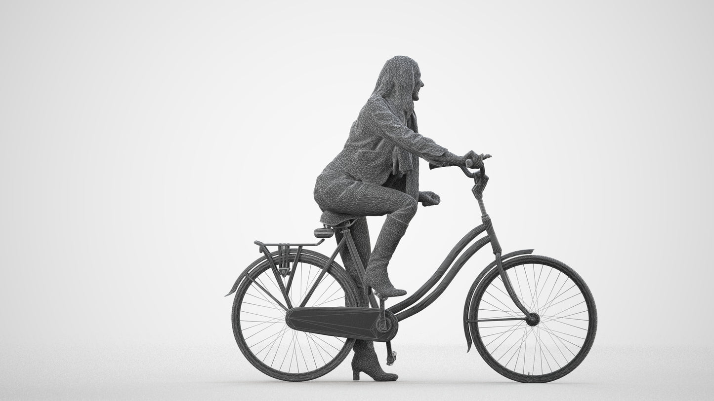 3D people model woman casual cycling, scanned human for 3ds Max rendering, wireframe side view