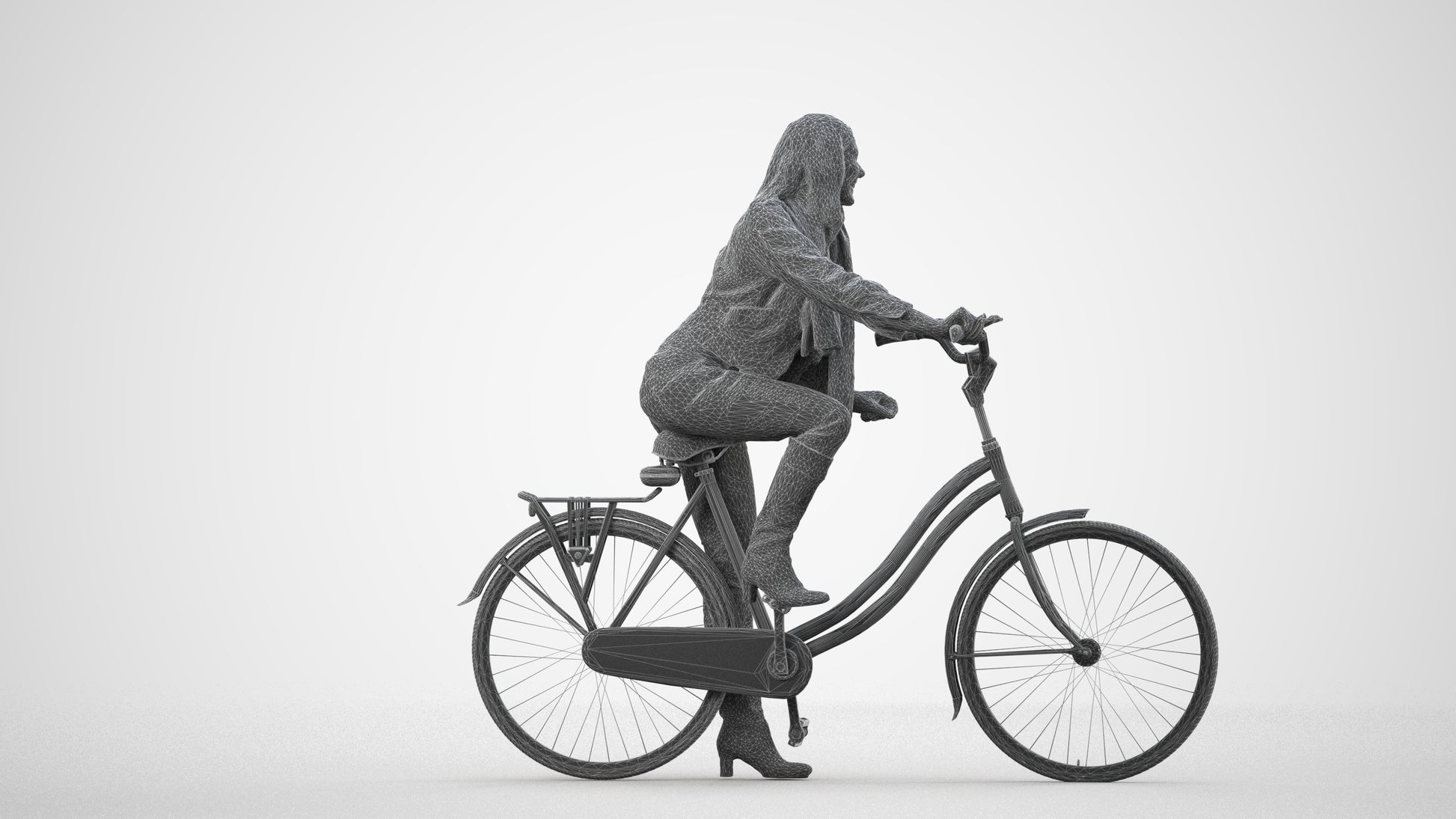 3D people model woman casual cycling, scanned human for 3ds Max rendering, wireframe side view