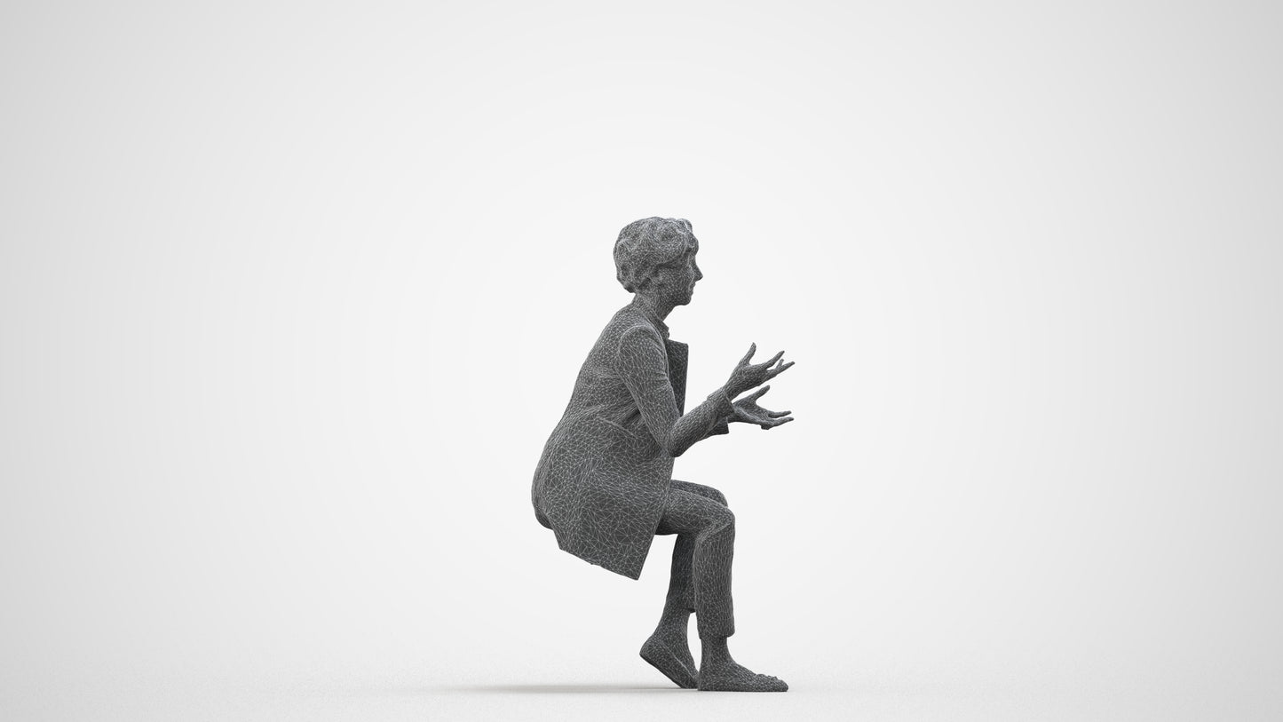 realistic 3D woman business sitting, scanned archviz people for Blender and 3ds Max, wireframe side view