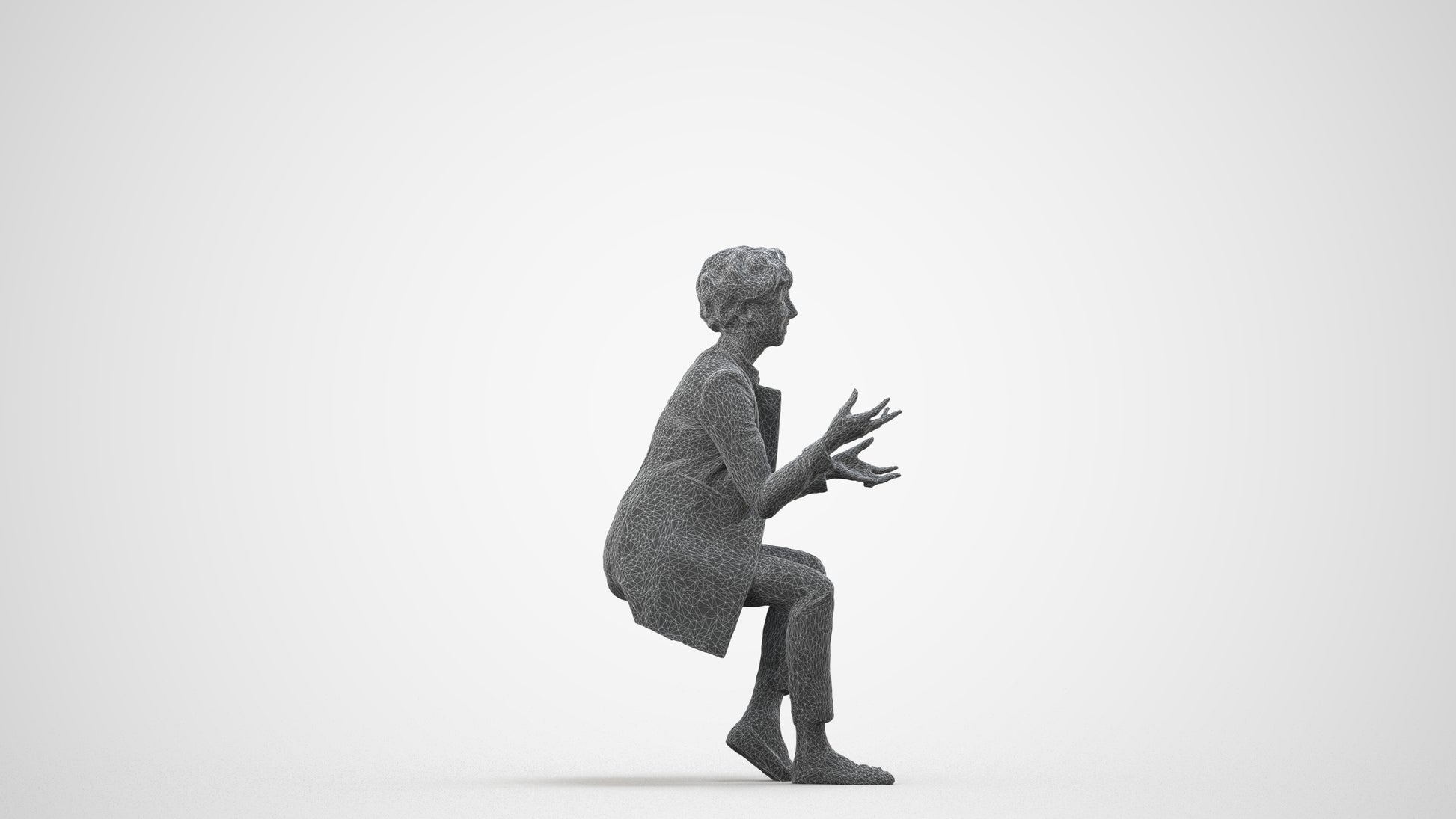 realistic 3D woman business sitting, scanned archviz people for Blender and 3ds Max, wireframe side view