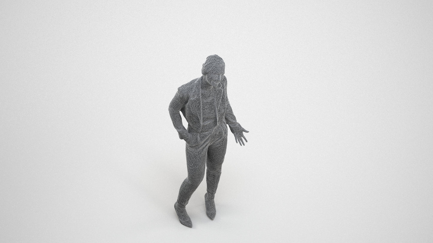3D human model woman business, photogrammetry scanned person for archviz, wireframe three-quarter view