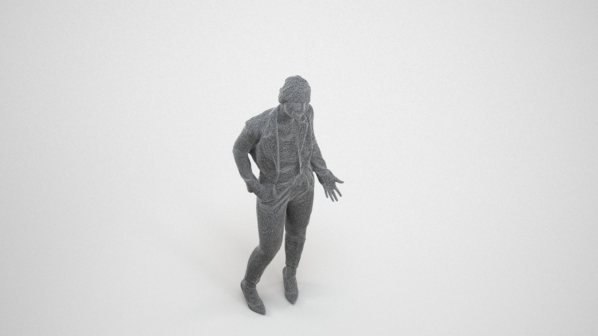 3D human model woman business, photogrammetry scanned person for archviz, wireframe three-quarter view