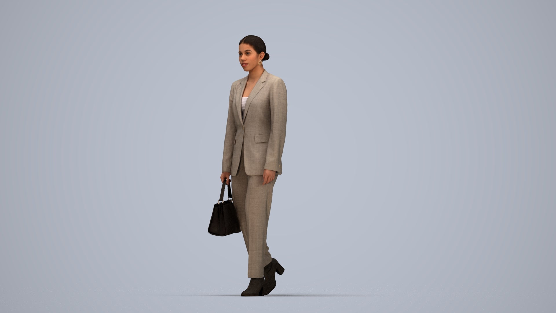 realistic 3D woman business walking, scanned archviz people for Blender and 3ds Max, top-down view render