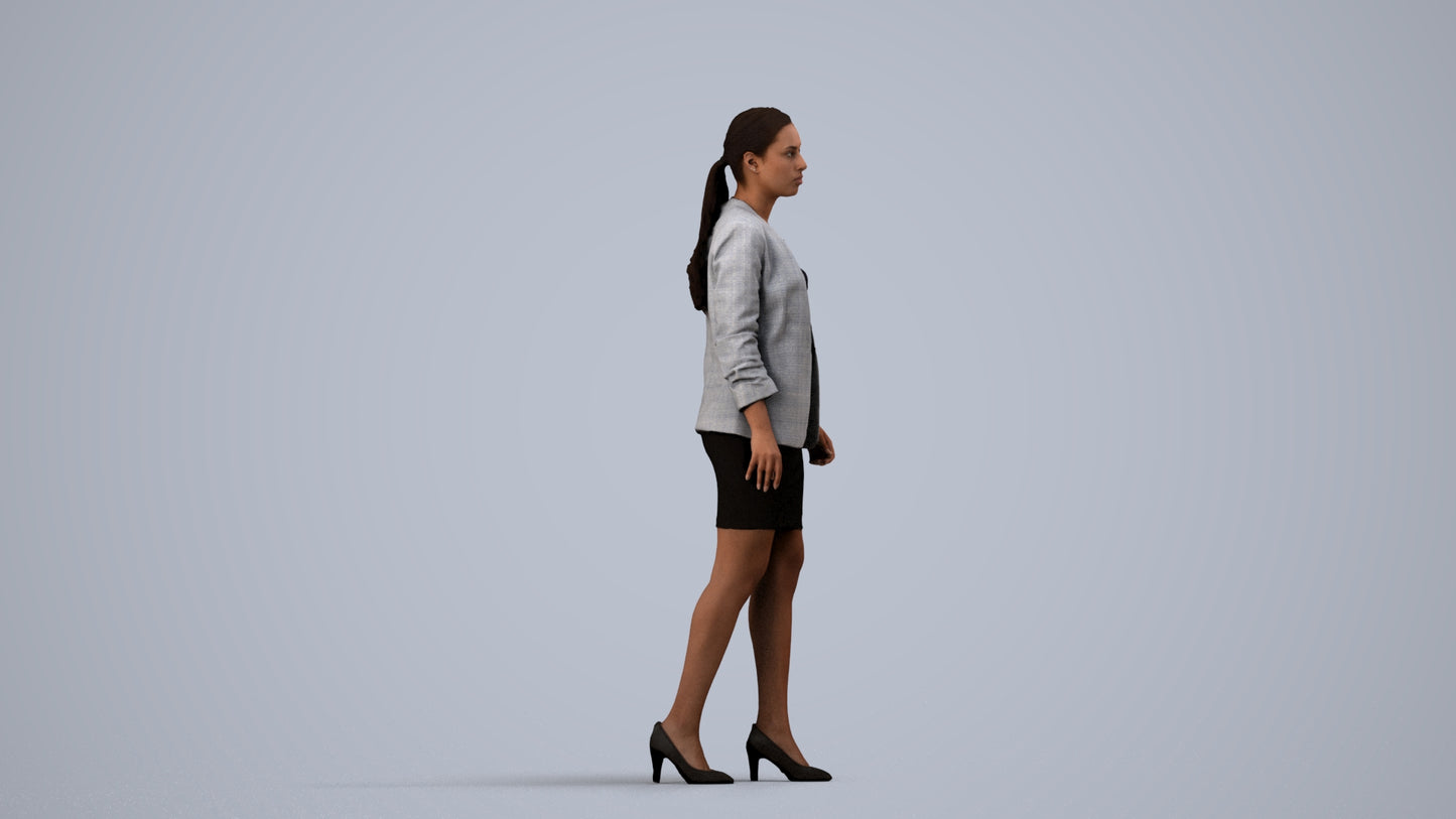 photogrammetry 3D woman business walking, realistic human model archviz FBX, side view render
