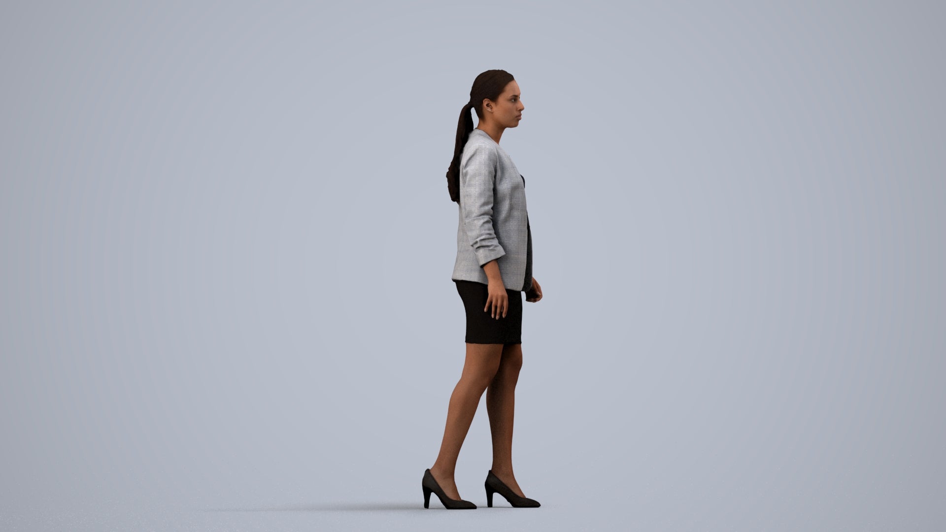 photogrammetry 3D woman business walking, realistic human model archviz FBX, side view render