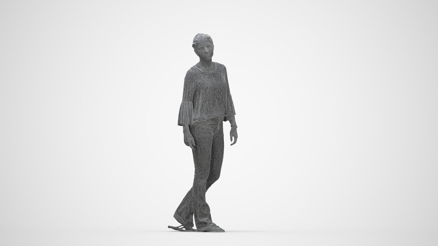 realistic 3D people woman casual walking, render-ready for V-Ray and Corona, FBX OBJ, wireframe back view