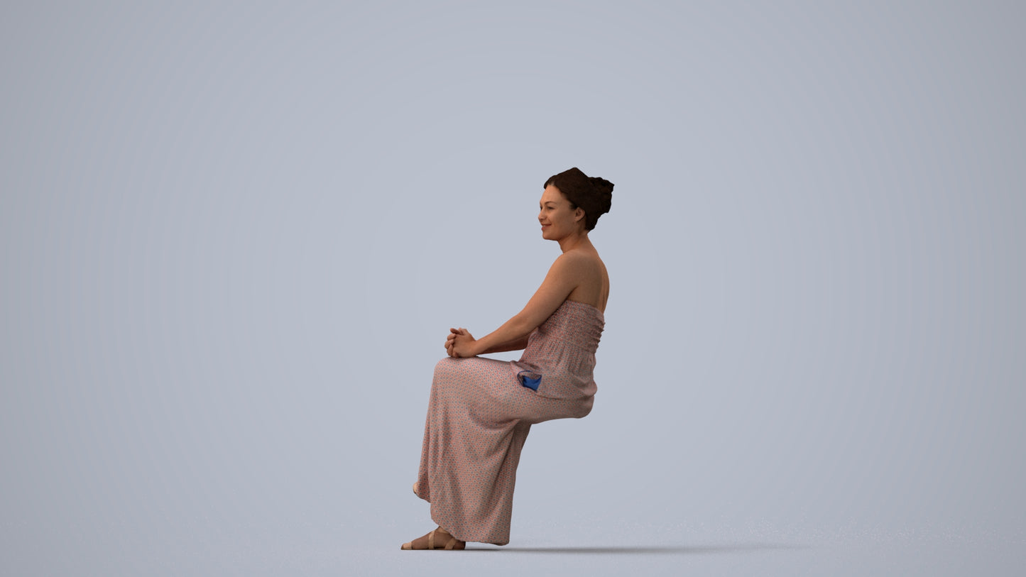 photogrammetry 3D woman casual sitting, realistic human model archviz FBX, three-quarter view render