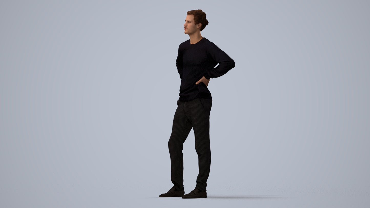3D human model man casual standing, photogrammetry scanned person for archviz, three-quarter view render