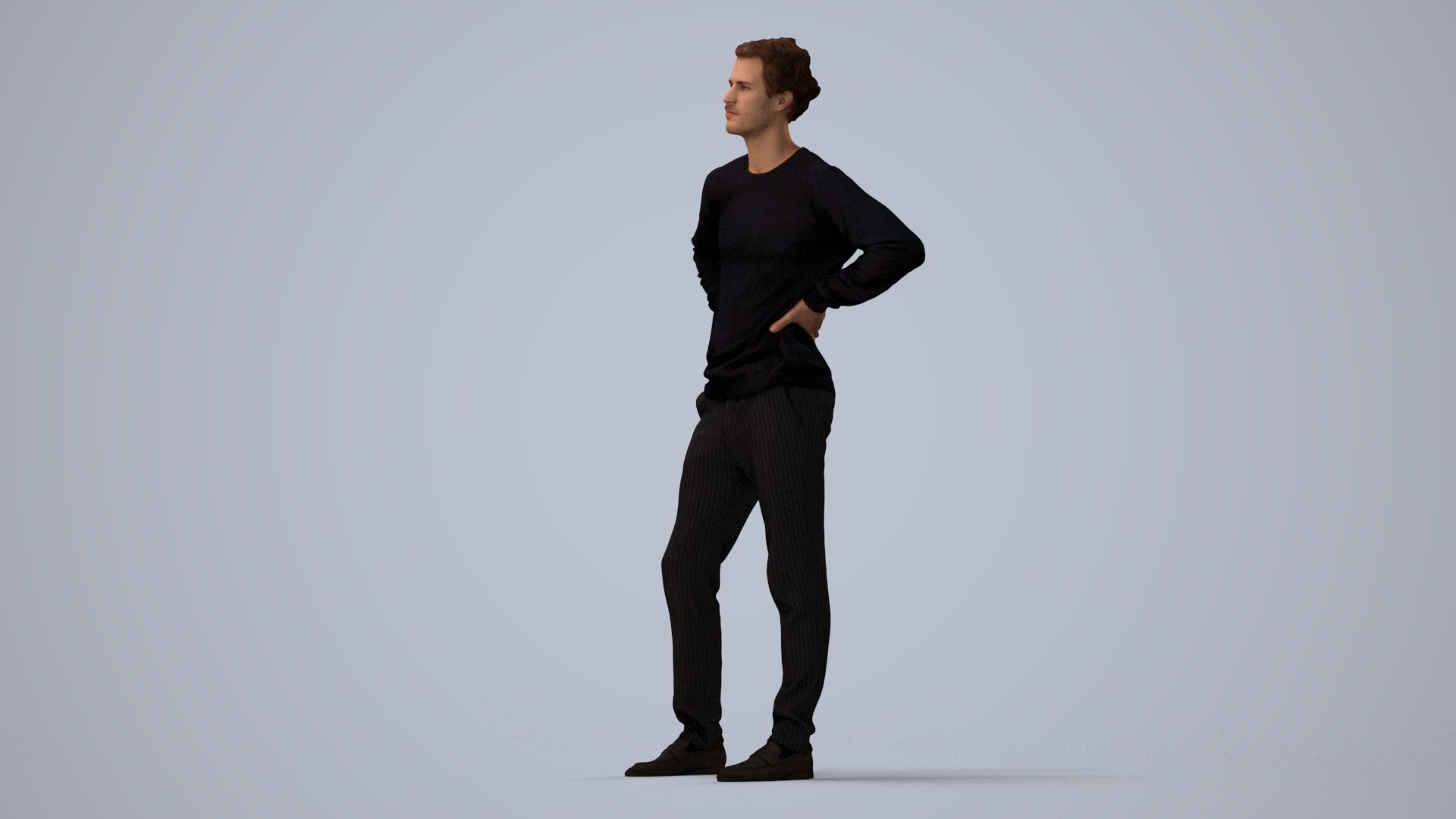 3D human model man casual standing, photogrammetry scanned person for archviz, three-quarter view render