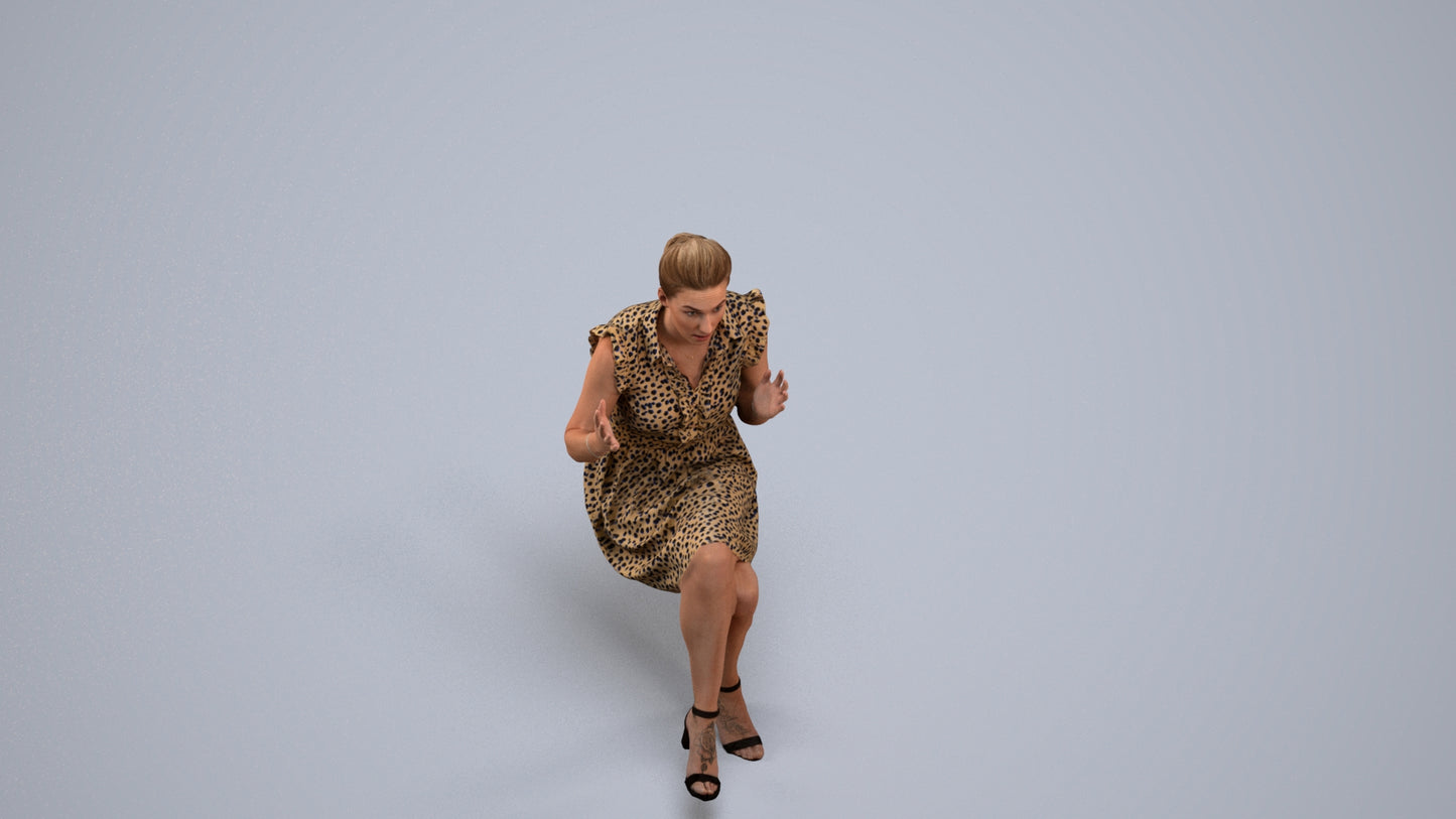 realistic 3D human woman casual sitting, archviz people FBX OBJ for Blender, back view render