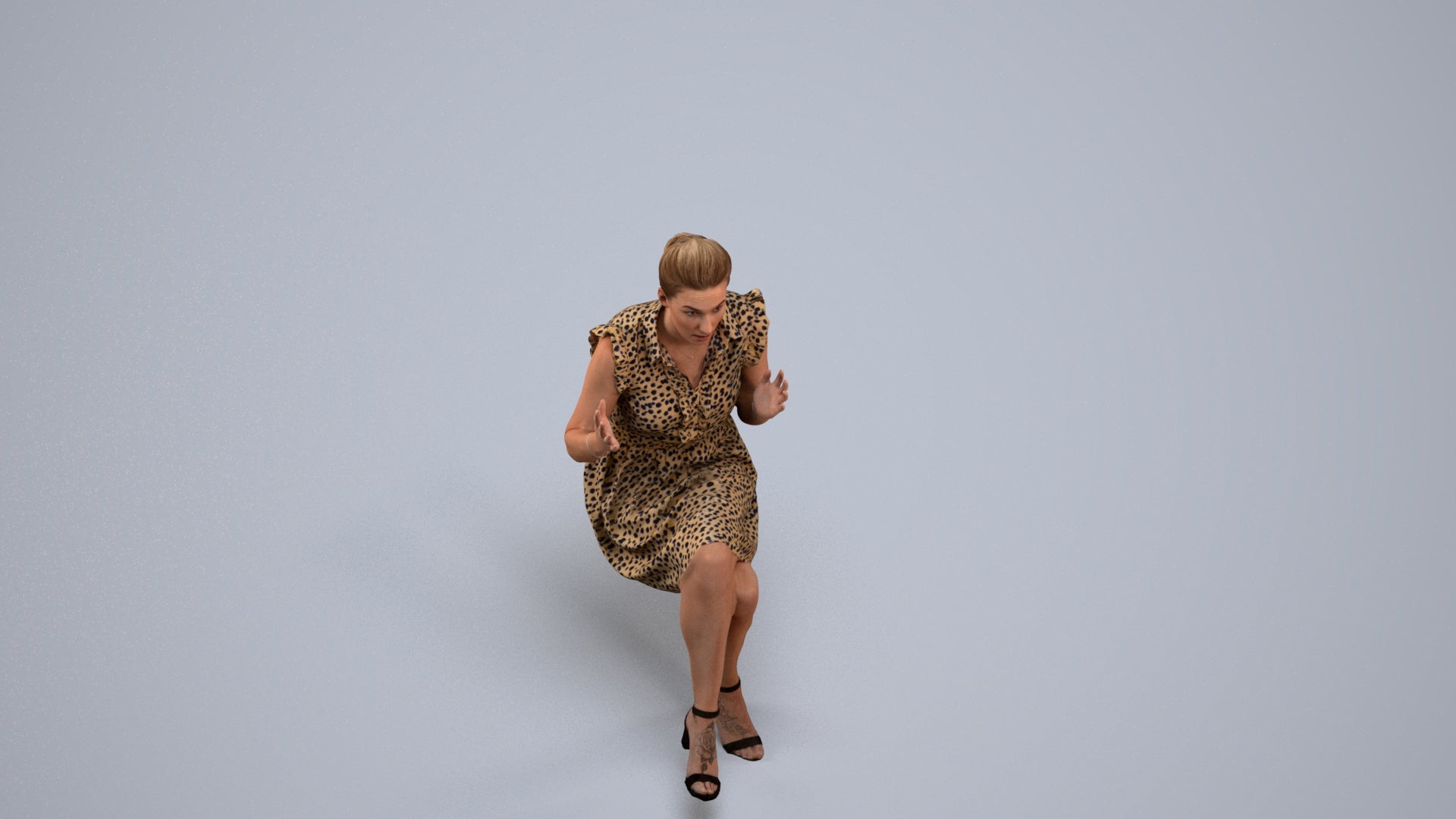 realistic 3D human woman casual sitting, archviz people FBX OBJ for Blender, back view render
