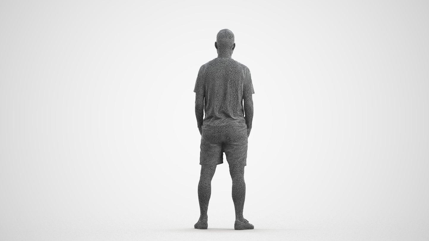 3D human model man casual standing, photogrammetry scanned person for archviz, wireframe front view