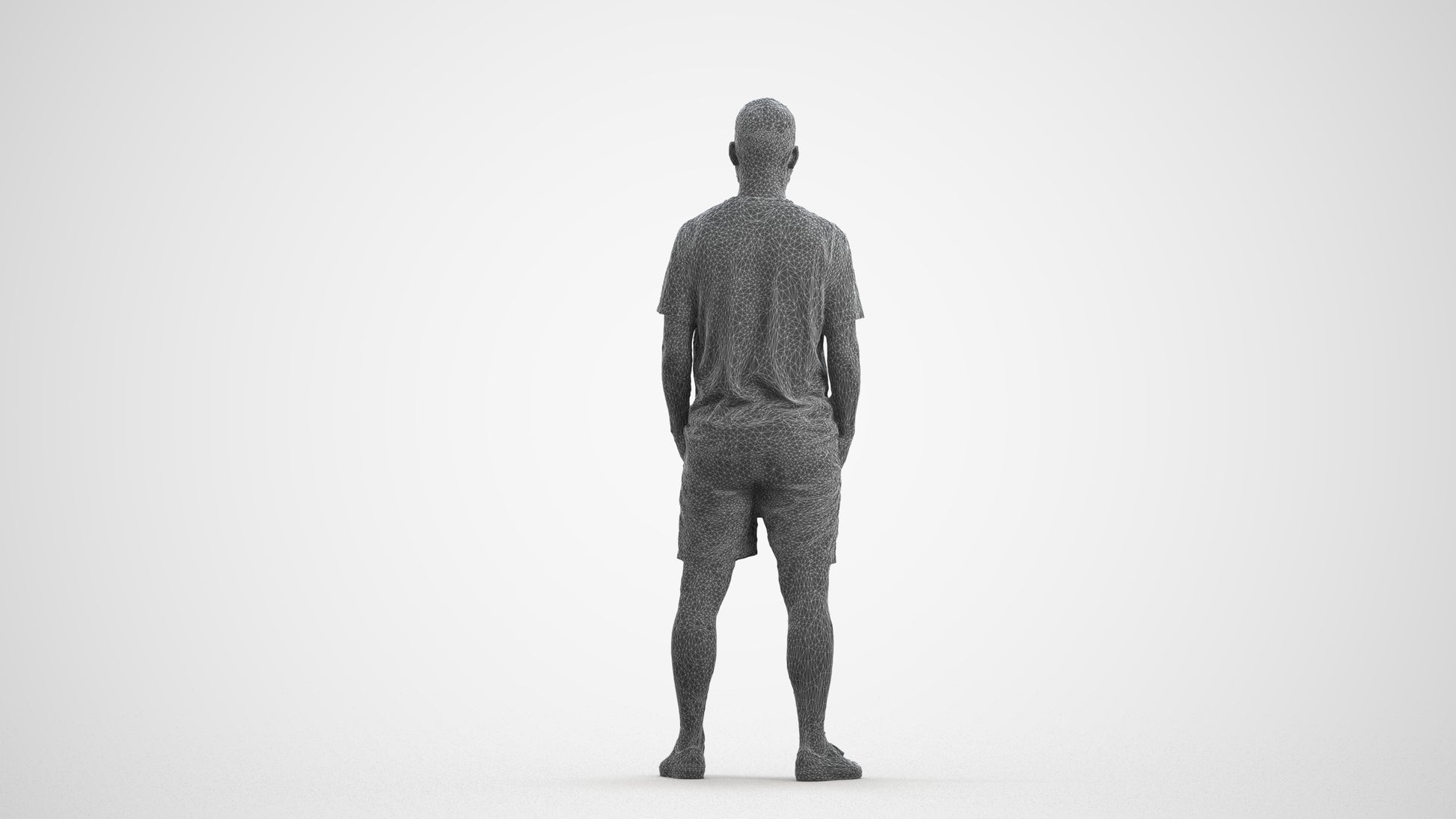 3D human model man casual standing, photogrammetry scanned person for archviz, wireframe front view
