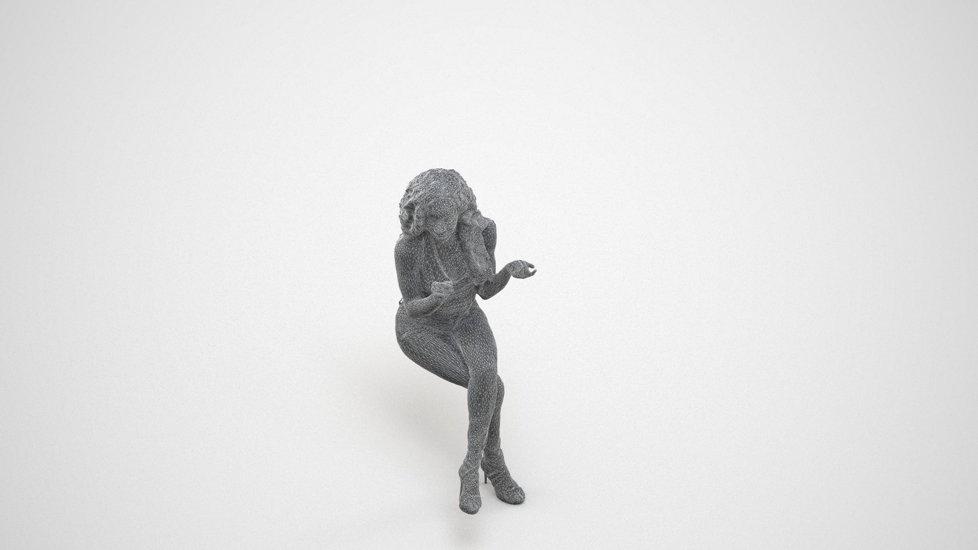 photogrammetry 3D woman casual sitting, realistic human model archviz FBX, wireframe three-quarter view
