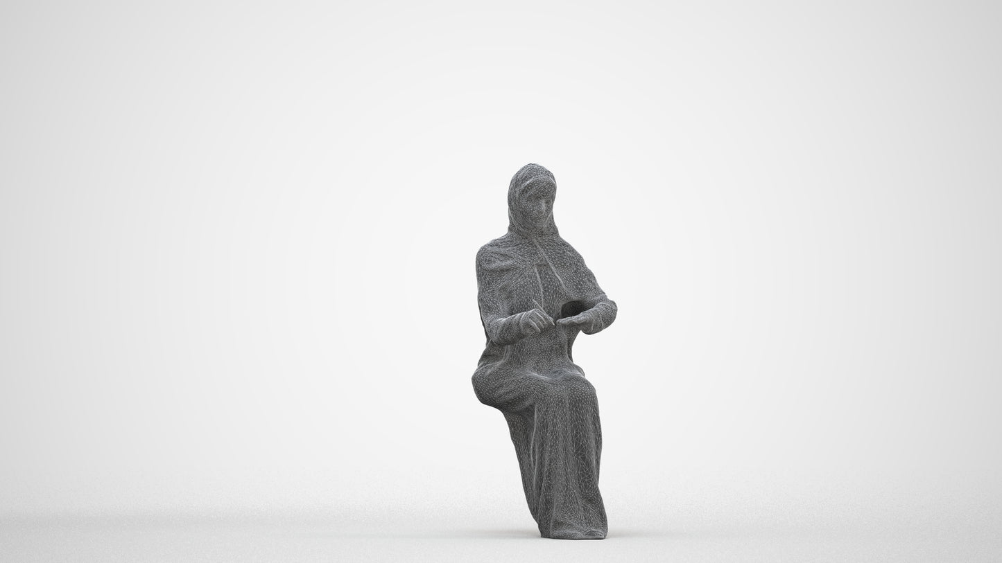 photogrammetry 3D woman sitting, realistic human model archviz FBX, three-quarter front view render