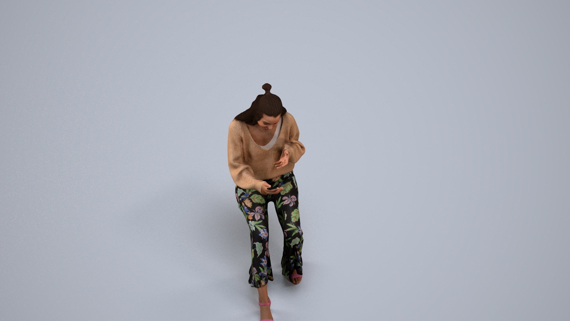 realistic 3D woman casual sitting, scanned archviz people for Blender and 3ds Max, back view render