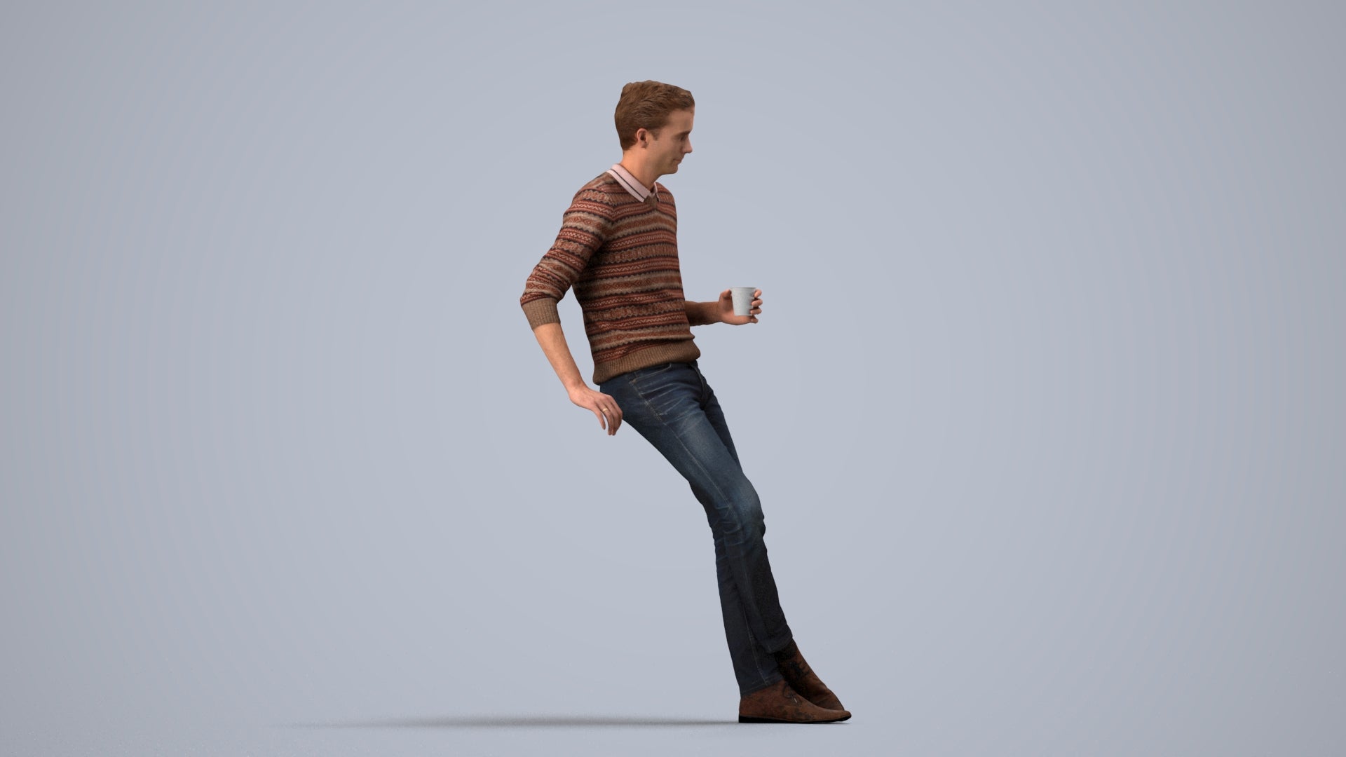 realistic 3D human man casual sitting, archviz people FBX OBJ for Blender, side view render