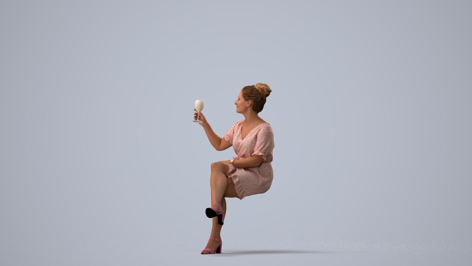 3D people model woman casual sitting, scanned human for 3ds Max rendering, three-quarter view render