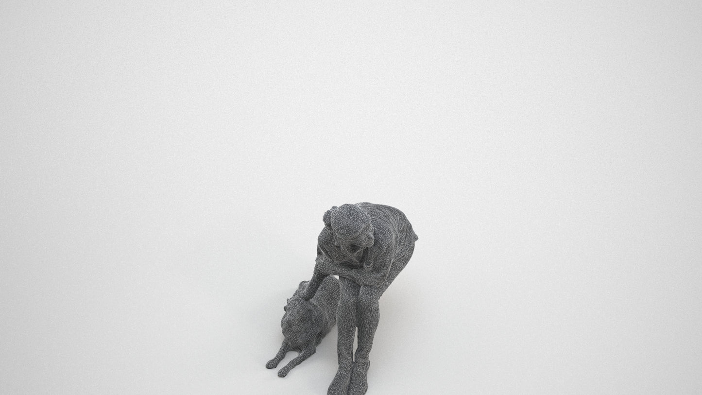 3D people model man casual sitting, scanned human for 3ds Max rendering, wireframe three-quarter view