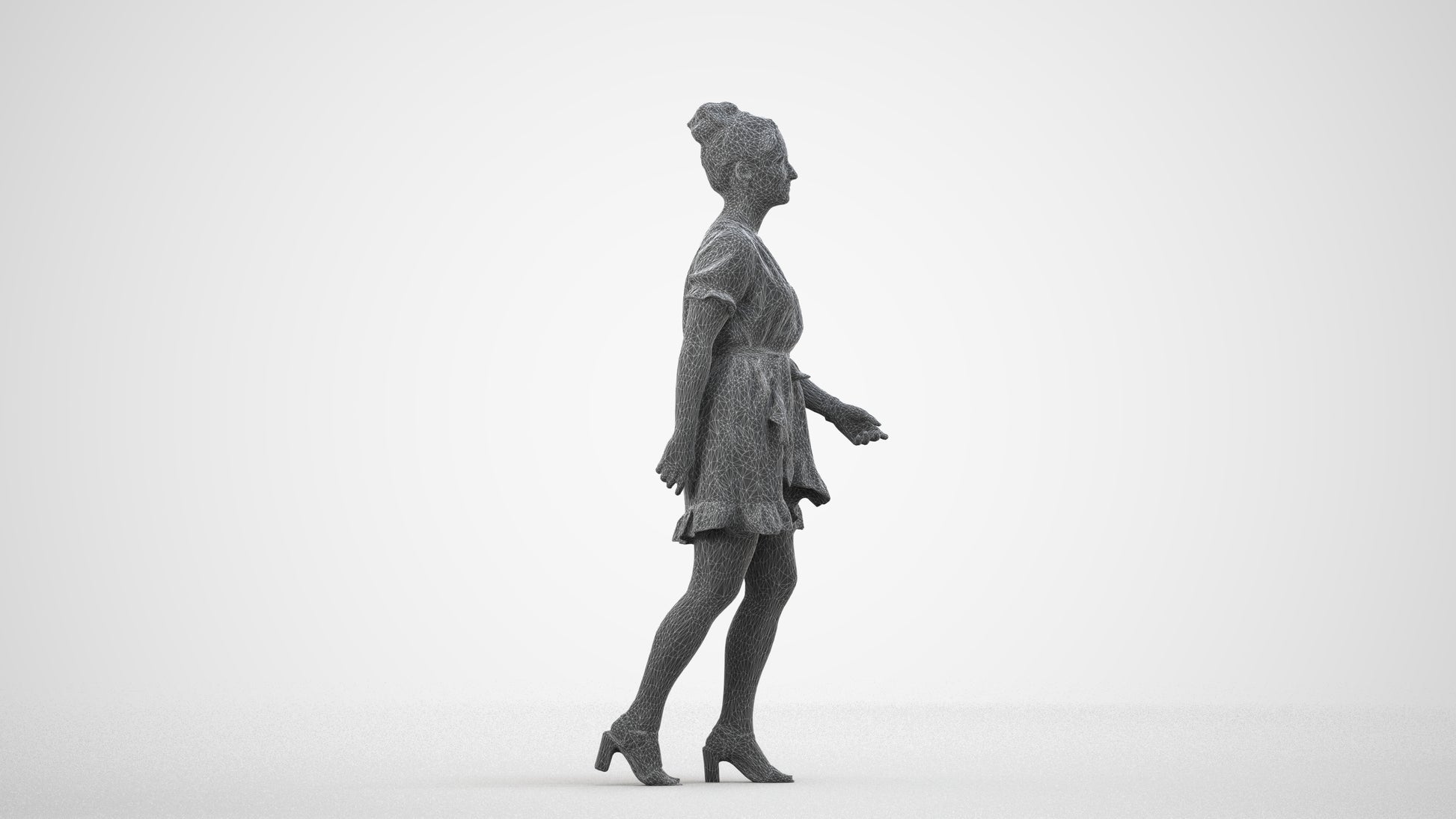 photogrammetry 3D woman casual walking, realistic human model archviz FBX, wireframe side view