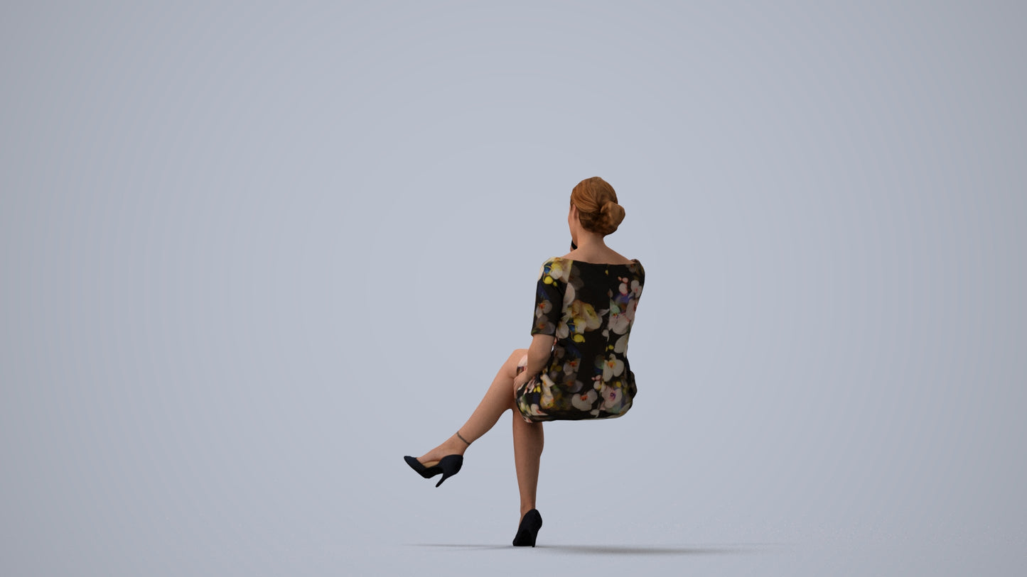 realistic 3D people woman casual sitting, render-ready for V-Ray and Corona, FBX OBJ, three-quarter view render