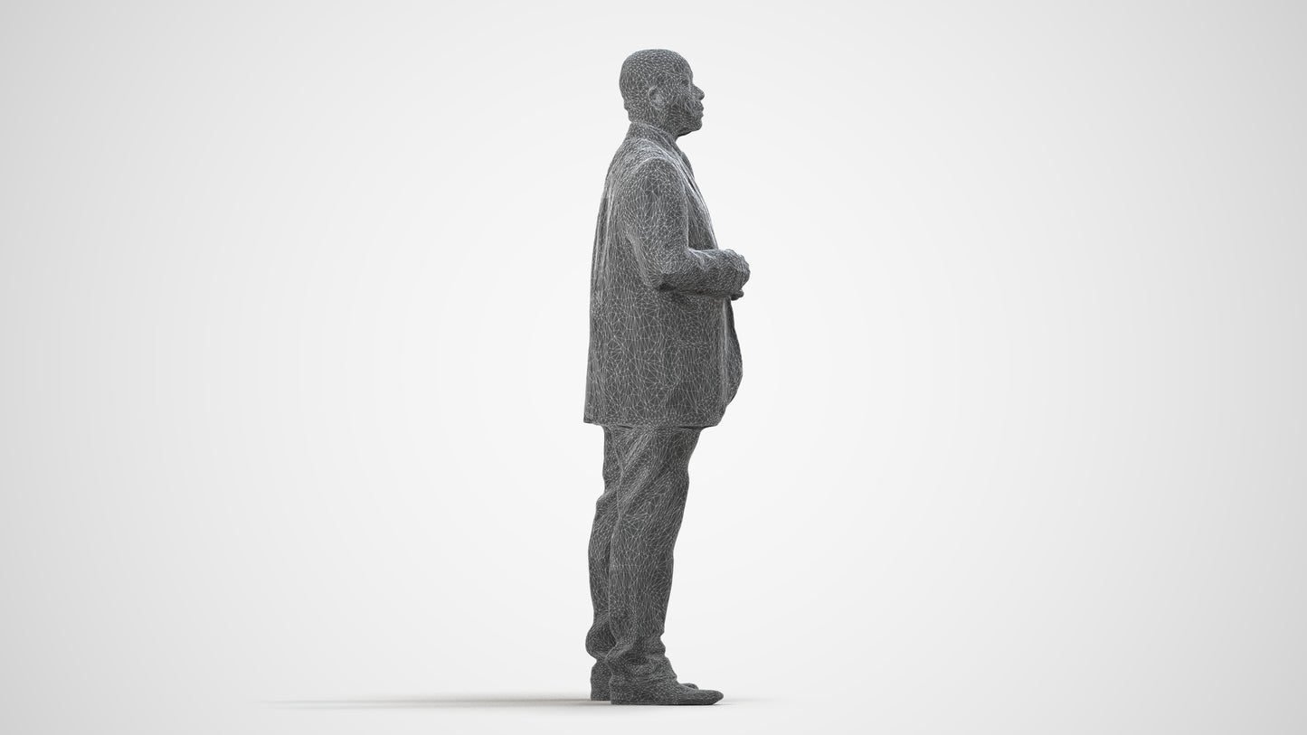 3D human model man business, photogrammetry scanned person for archviz, wireframe side view