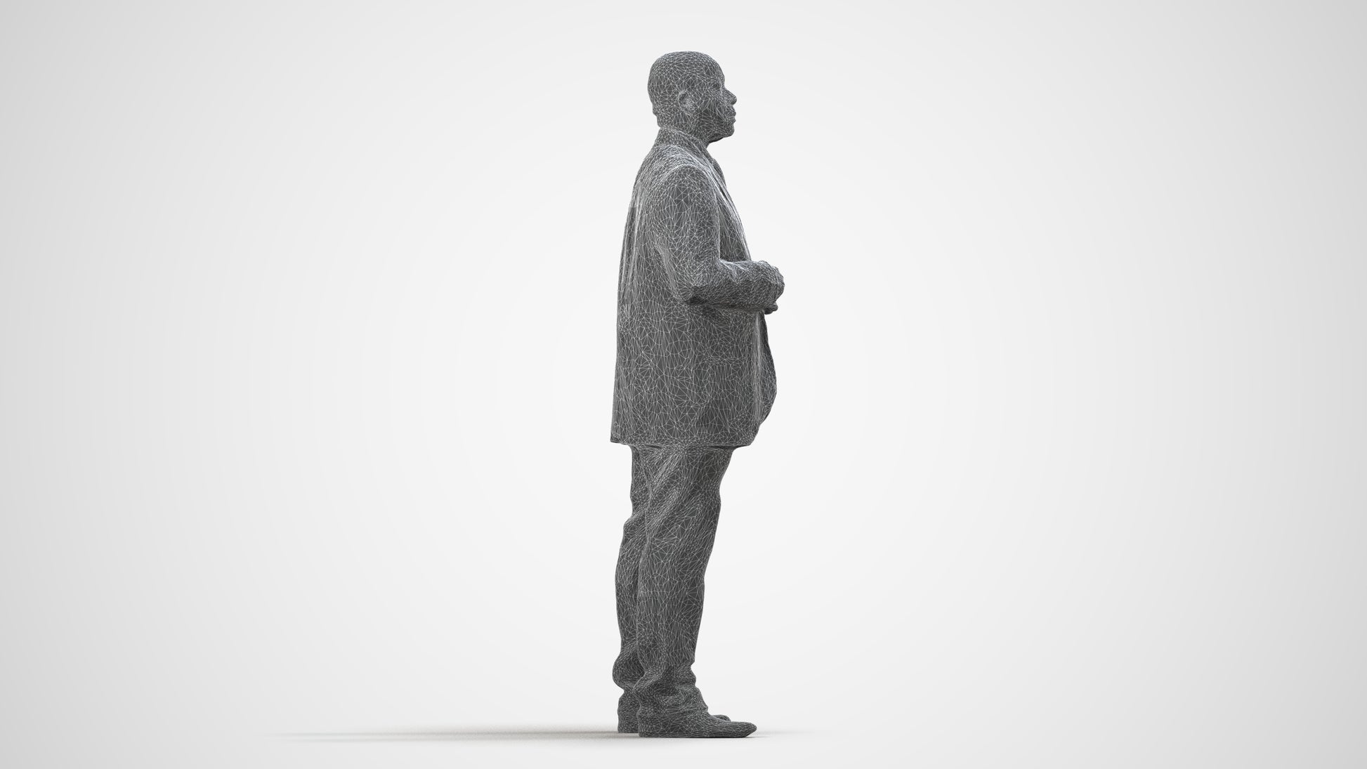 3D human model man business, photogrammetry scanned person for archviz, wireframe side view