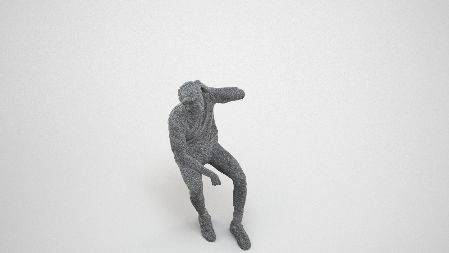 realistic 3D man casual sitting, scanned archviz people for Blender and 3ds Max, wireframe three-quarter view