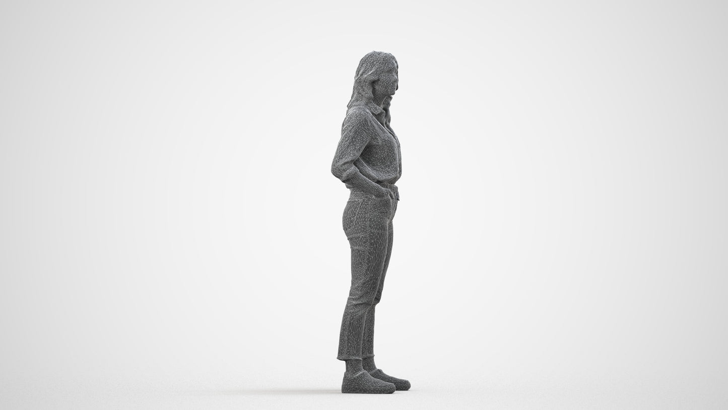realistic 3D woman casual standing, scanned archviz people for Blender and 3ds Max, wireframe side view