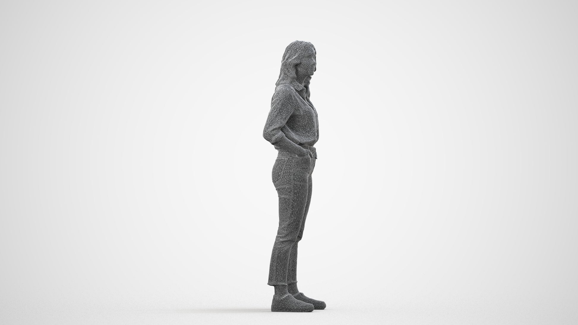 realistic 3D woman casual standing, scanned archviz people for Blender and 3ds Max, wireframe side view