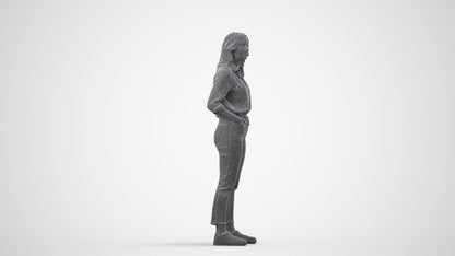 realistic 3D woman casual standing, scanned archviz people for Blender and 3ds Max, wireframe side view