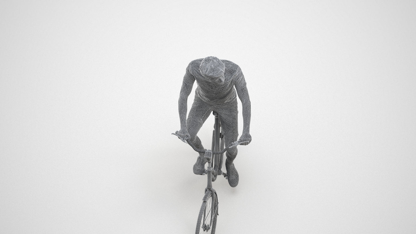 realistic 3D man casual cycling, scanned archviz people for Blender and 3ds Max, wireframe three-quarter view