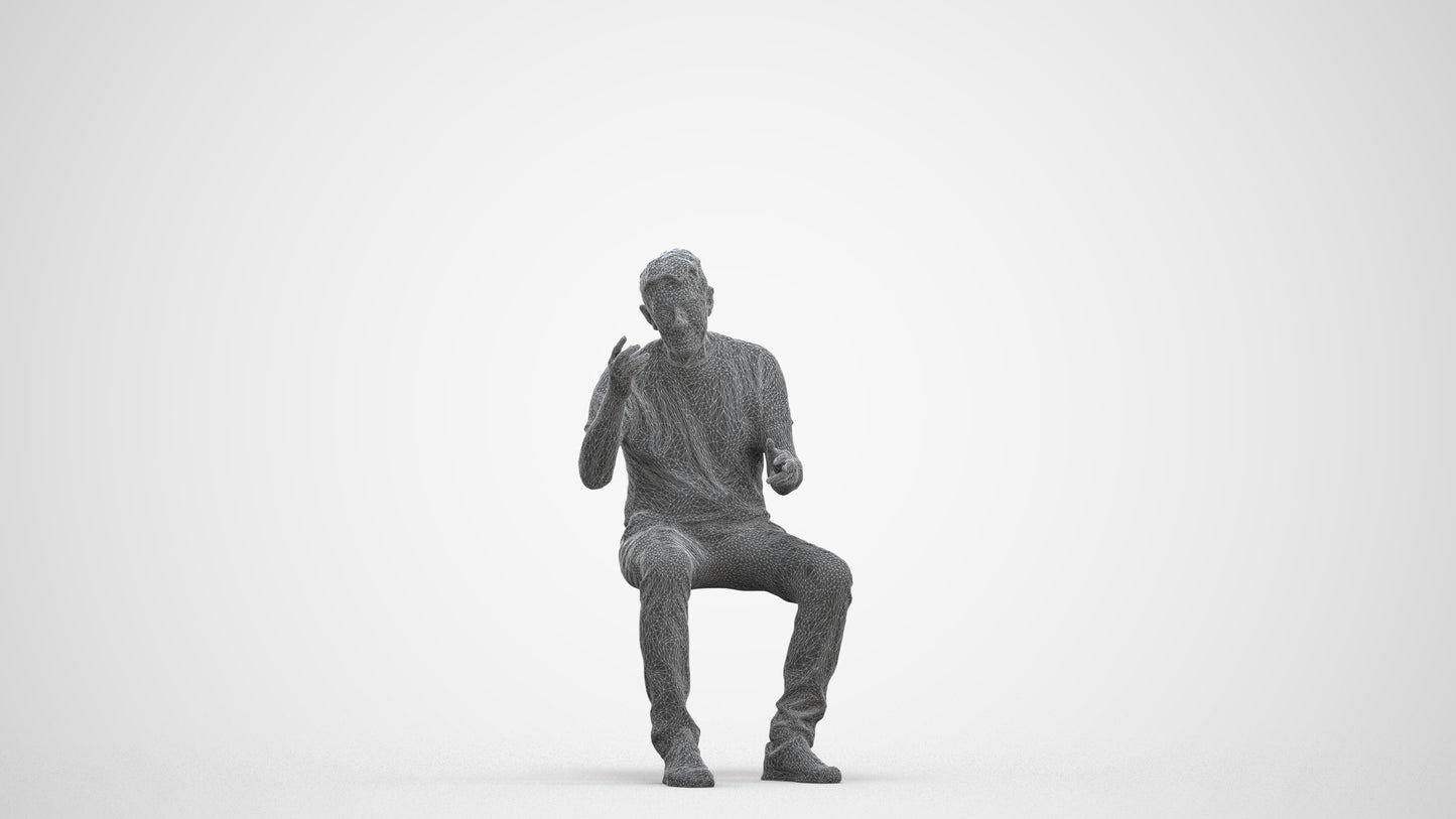 3D human model senior man casual sitting, photogrammetry scanned person for archviz, three-quarter front view render